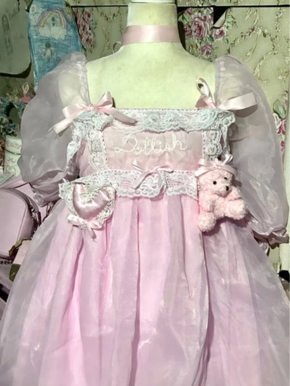 Dollish, ooak puff sleeve dress tulle pink bows coquette cutie heart